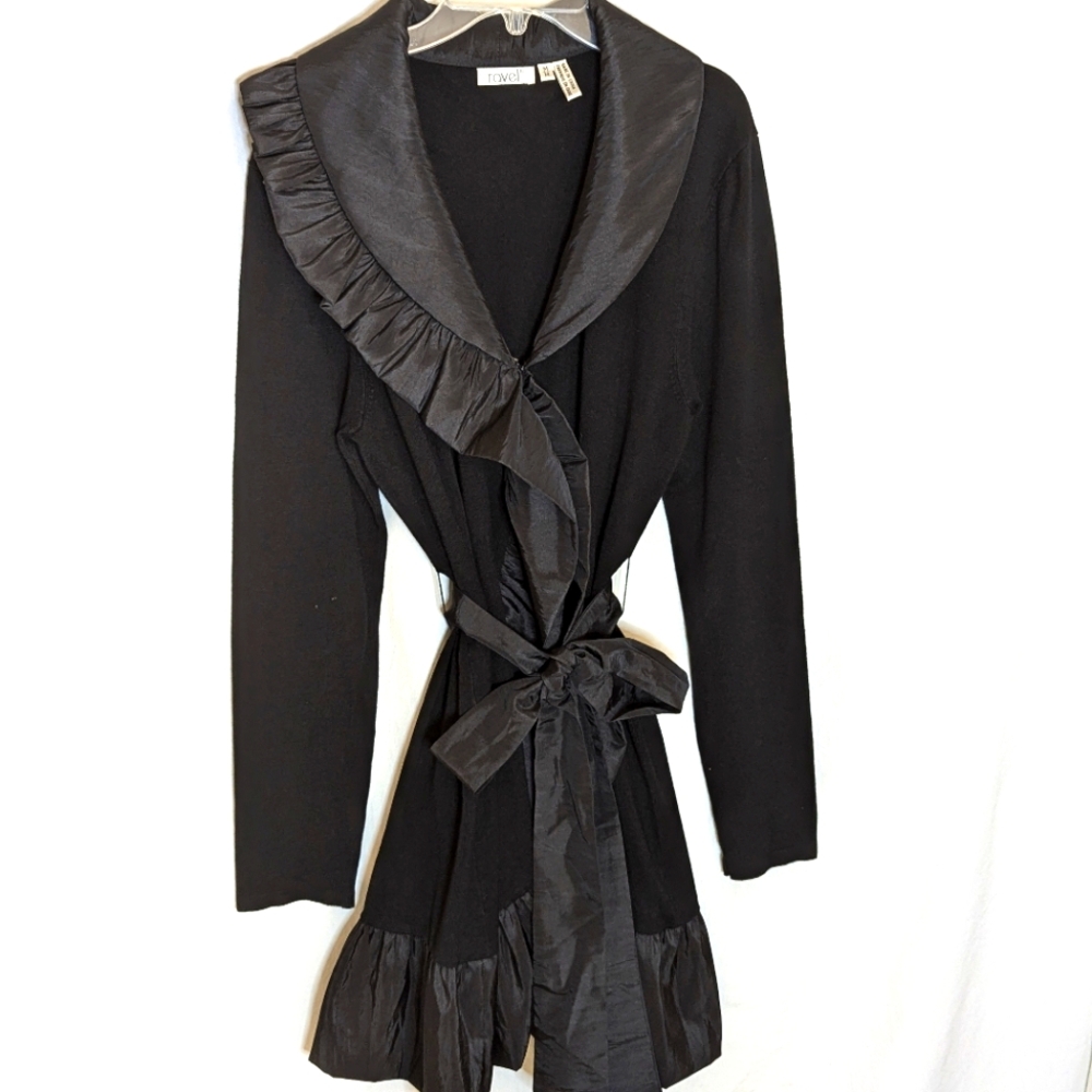 Ravel knit belted ruffled sweater jacket coat black sz M rayon nylon - Picture 2 of 9